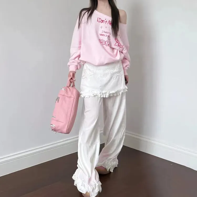 韩系法式设计感小众花边假两件薄款阔腿裤女夏季宽松休闲显瘦长裤