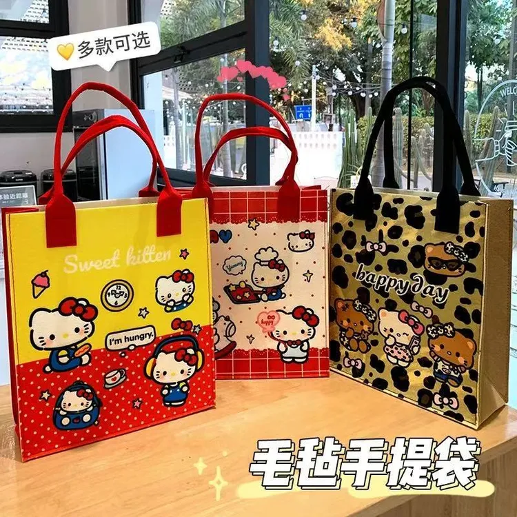 可爱毛毡kitty猫手提袋新款学生卡通手提包托特礼品袋印花购物袋