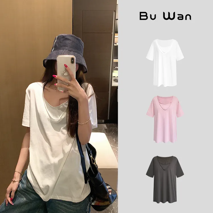 设计感假两件V领大版短袖T恤女慵懒风宽松上衣B3738