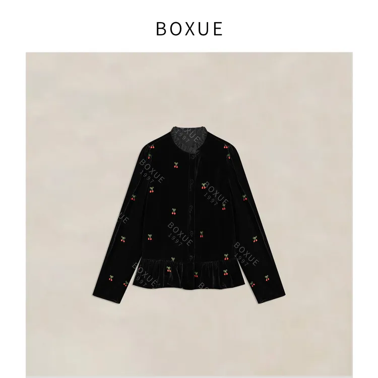 BOXUE“樱桃梦”2025冬桑蚕丝丝绒褶皱樱桃刺绣 外套#251227W1111
