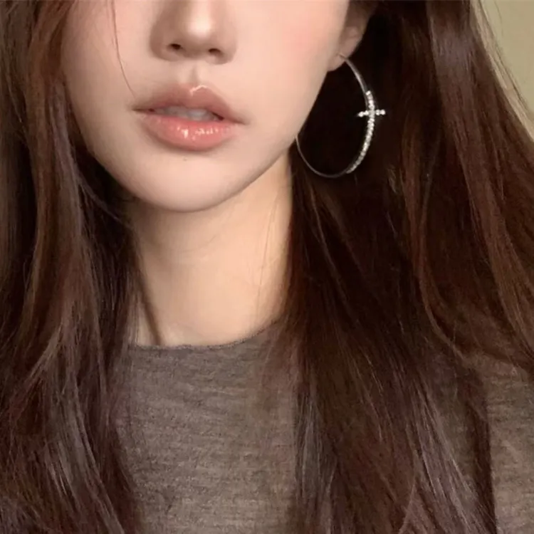 铜合金合成锆石耳饰 夸张闪钻十字架大圆环耳环小众设计高级感532