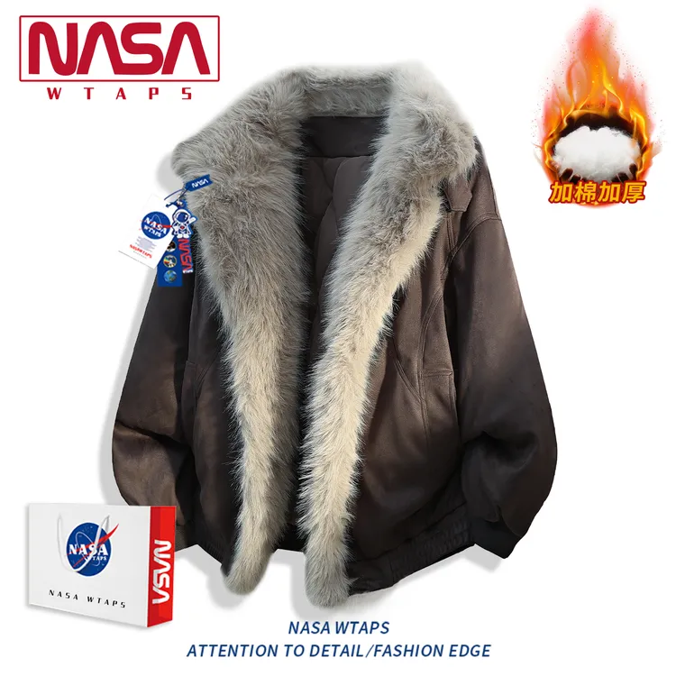 NASA WTAPS复古座山雕加厚棉服男款宽松休闲高级感毛领加绒外套男