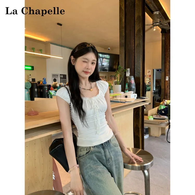 La Chapelle/拉夏贝尔夏季方领蕾丝边褶皱系带短袖T恤上衣显瘦