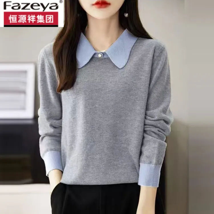 恒源祥集团彩羊100纯羊毛衫女Polo领针织衫假两件套头羊绒毛衣冬