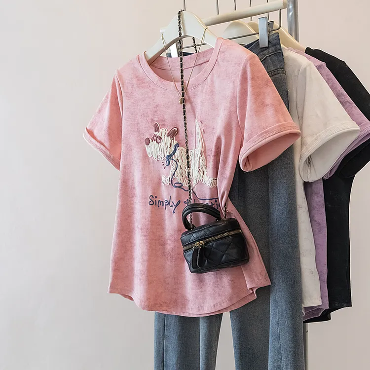 大码女装2025夏季新款显瘦胖MM设计感小狗印花短袖T恤上衣1981