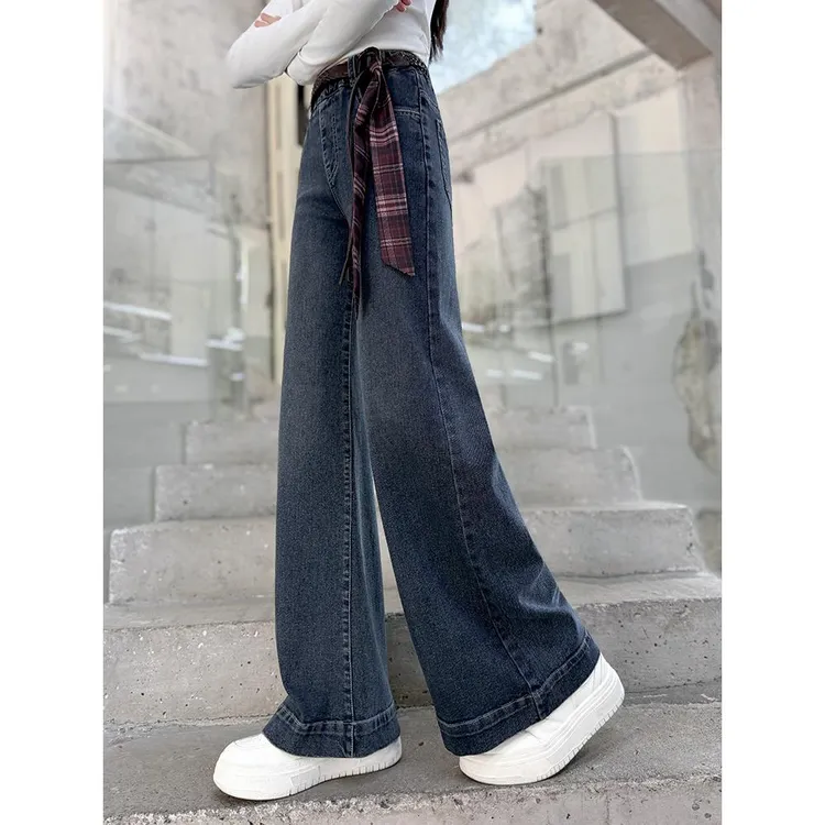 女童牛仔裤秋冬2025新款女大童阔腿裤冬季加绒加厚直筒裤儿童裤子