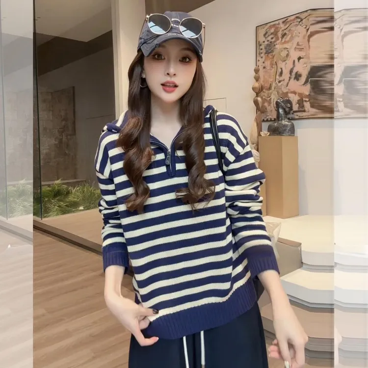 2025春秋季新款女士条纹半拉链连帽长袖针织衫休闲套头毛衣上衣服