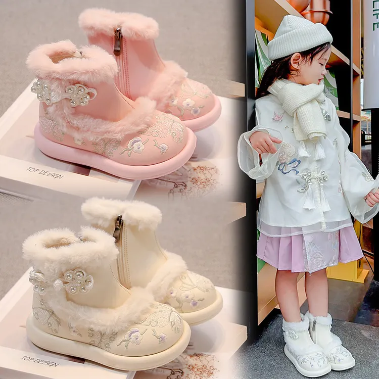 新款儿童大古风鞋2024棉鞋女女绣花加绒靴子童雪地靴汉服鞋冬季