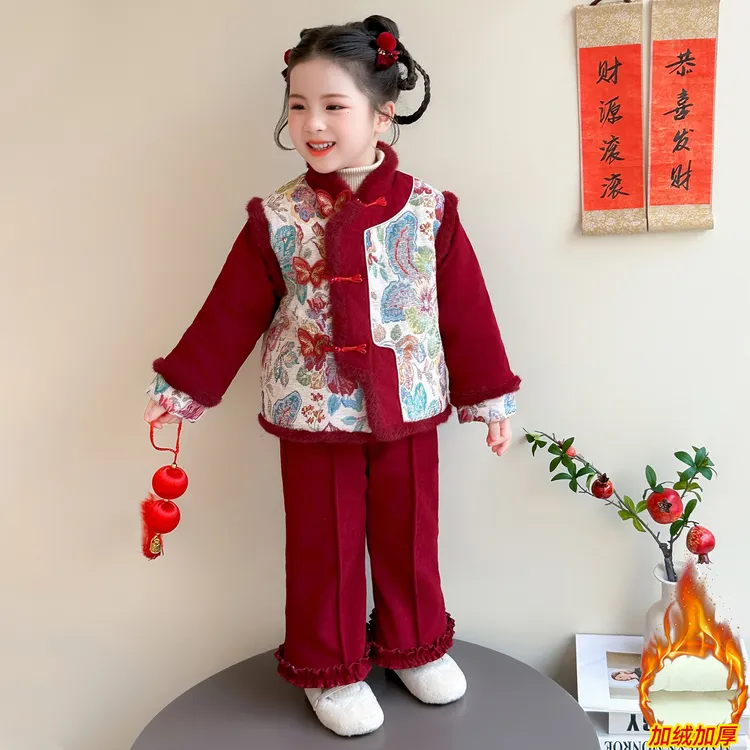 女小童中国风拜年服冬季新款儿童过年中式唐装盘扣加绒加厚两件套