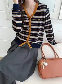 深圳南油白桃美美 南瓜刺绣V领长袖撞色条纹针织衫韩版百搭A3248