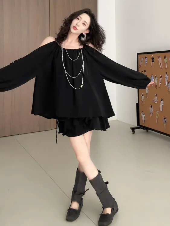 韩版法式百搭衬衫简约通勤泡泡袖时尚套装显瘦气质长袖夏季黑色