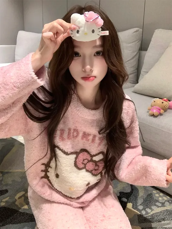 半边绒圆领毛绒保暖软绵绵少女家居服珊瑚绒粉色kt猫睡衣女秋冬季