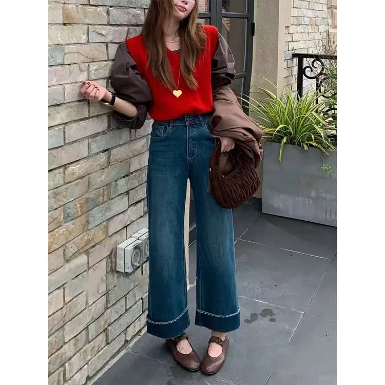 设计感刺绣直筒牛仔裤女加绒胖mm冬季新款梨形身材韩版弹力阔腿裤