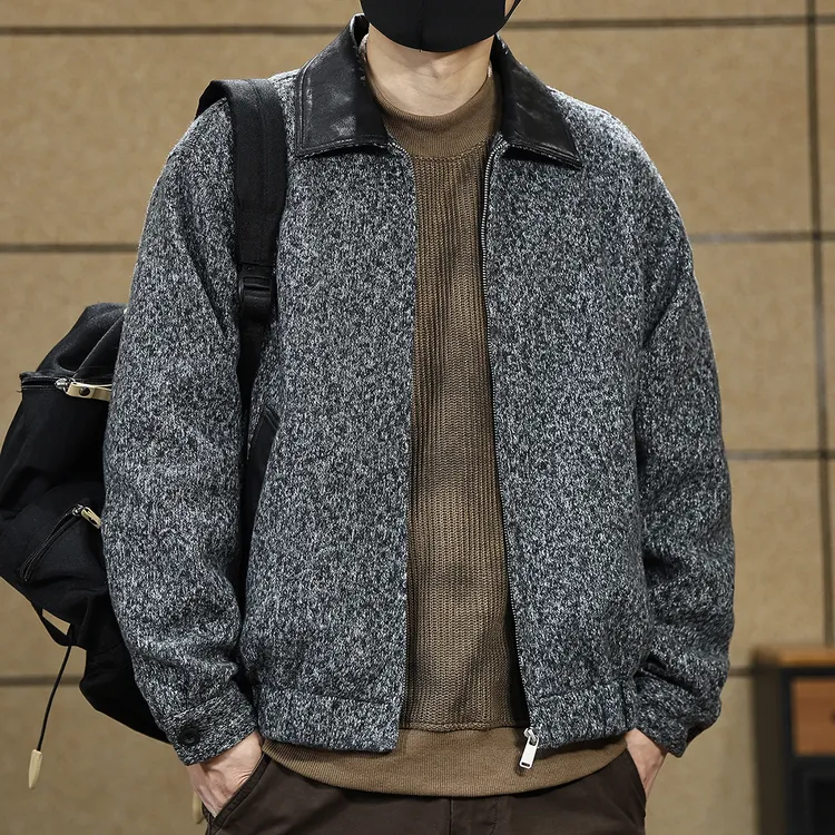 美式复古潮牌男士夹克春秋季宽松大码痞帅撞色翻领高街呢子外套男