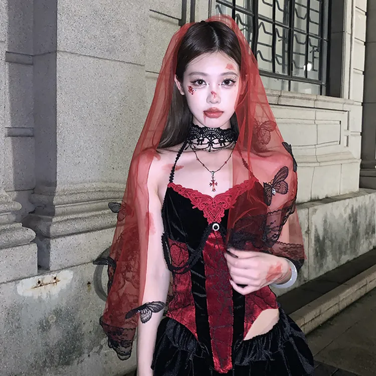 暗黑万圣节红头纱扮鬼新娘头纱哥特魔女黑色蝴蝶头饰搞怪装扮发饰