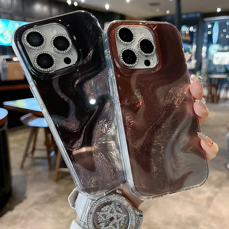 适用苹果系列iPhone16新款手机壳小众时尚棕银底晕染半包大孔透气