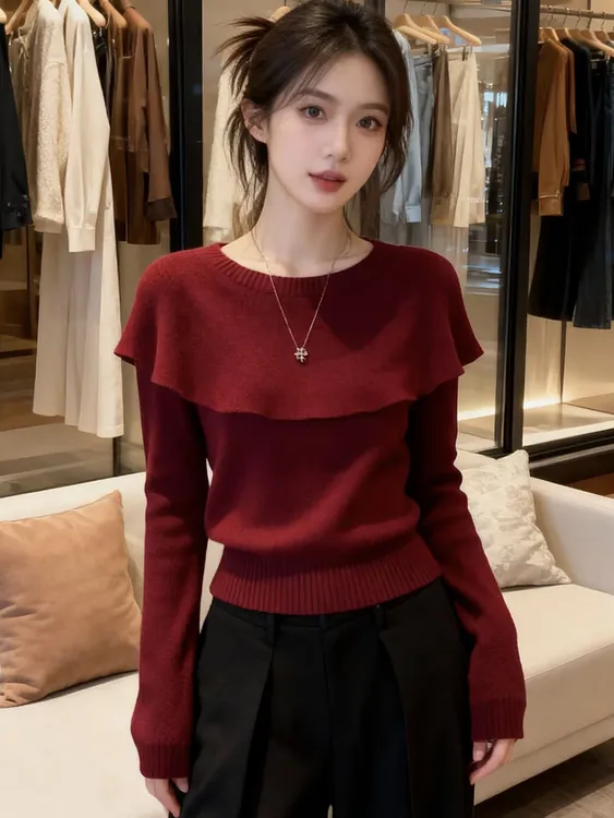 复古红色软糯套头毛衣女秋冬宽松设计感小众荷叶边荷叶边针织上衣