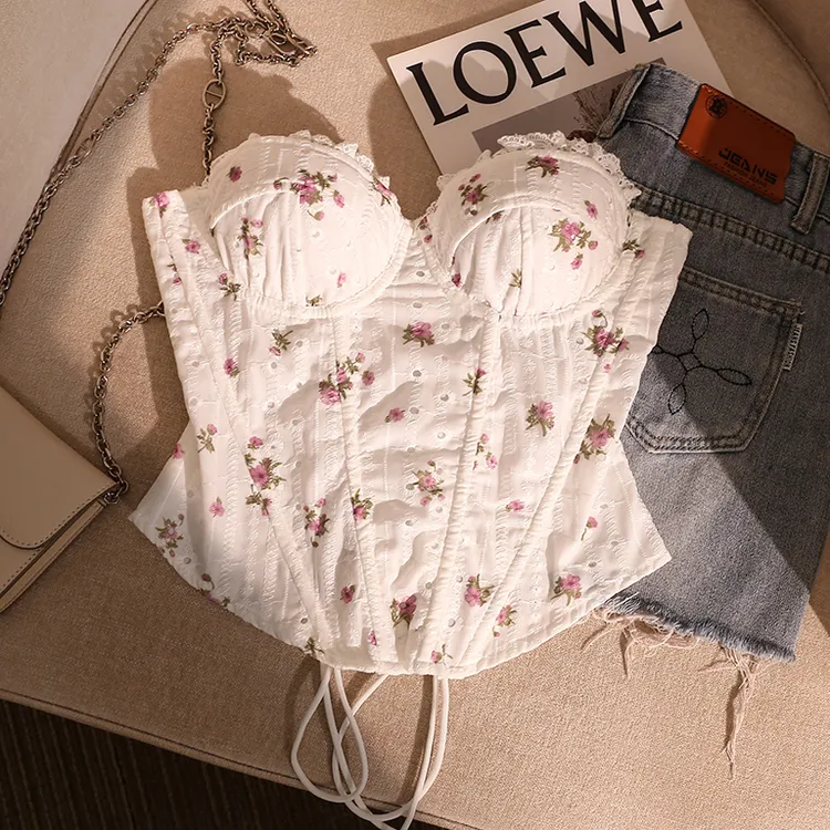 甜辣碎花鱼骨吊胸衣女蕾丝带内衣后置绑带设计修身收腰上衣吊带