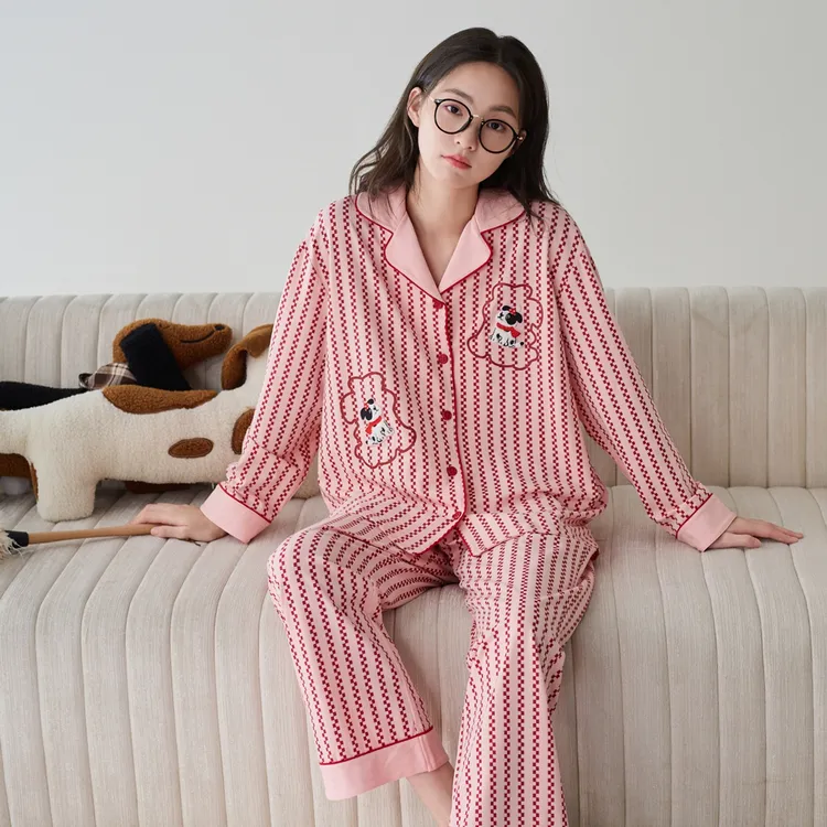 芬腾睡衣女款春秋季纯棉长袖长裤全棉休闲简约秋季外穿家居服套装