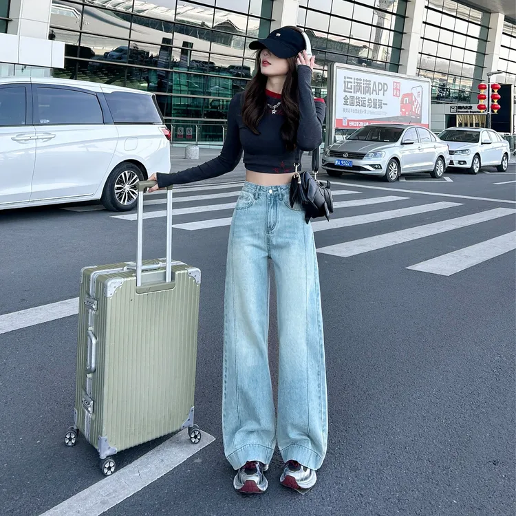 2390#浅色弹力阔腿牛仔裤女春秋新款显瘦宽松百搭洋气直筒裤子