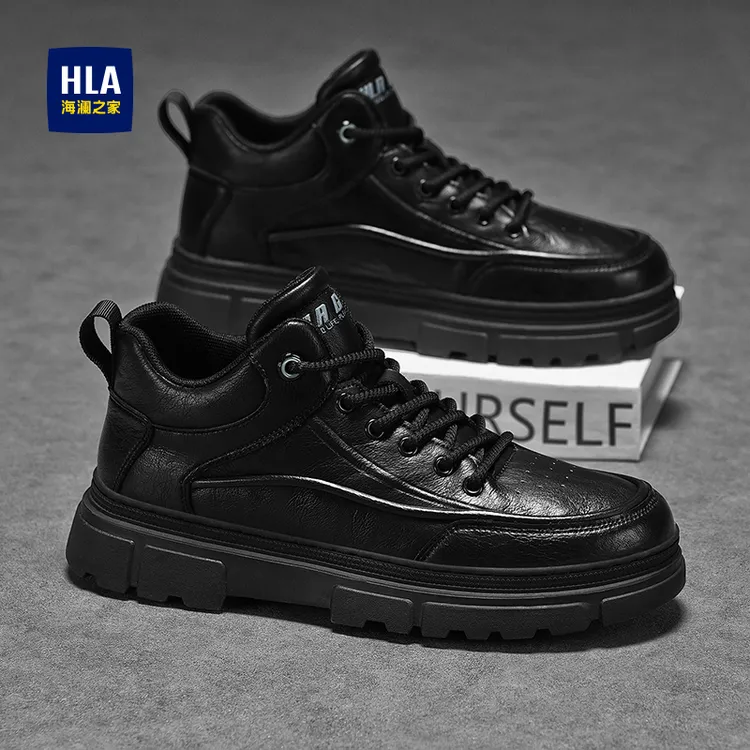 海澜之家2025新款马丁靴冬季高帮英伦风休闲皮鞋黑色防水工装潮鞋