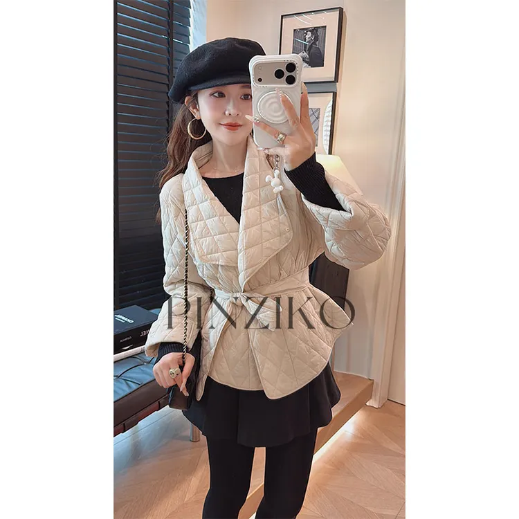 pinziko杏仁豆腐~小个子琥珀流光风大翻领菱格保暖棉服外套TJF424