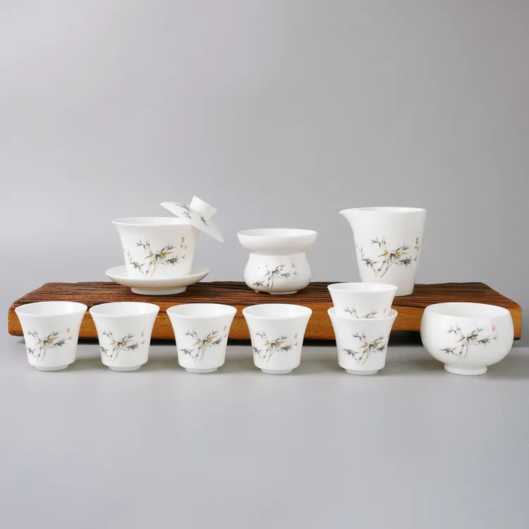 墨竹11件盖碗套装 羊脂玉白瓷悬停盖碗功夫茶具套装 安全包装