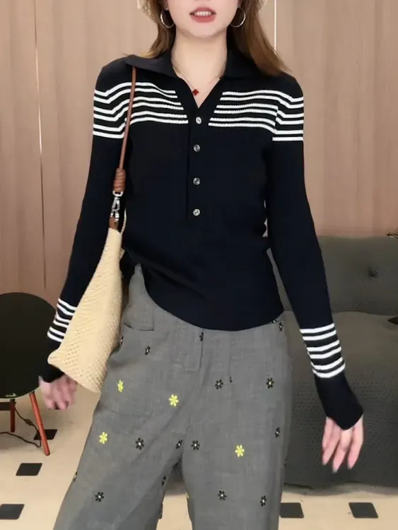 【现货】黑色V领打底衫女修身长袖t恤条纹设计感百搭小众基础款上衣