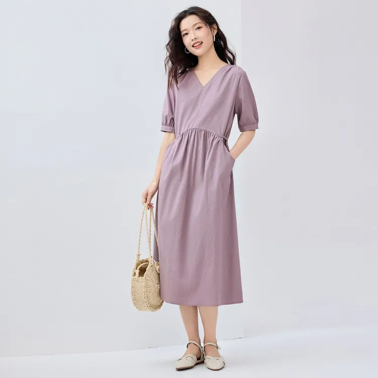 佐丹奴莱赛尔绑带收腰V领连衣裙女夏法式气质短袖连衣裙05465085