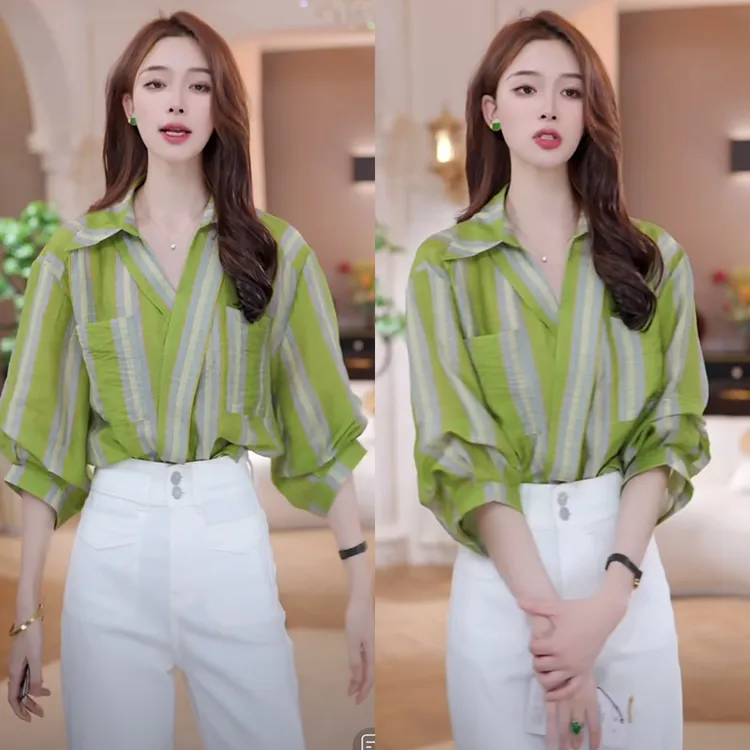萱文姿2025春夏新款时尚洋气绿色条纹衬衫女装宽松显瘦休闲百搭复