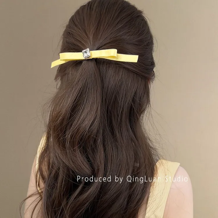 鹅黄浅春_嫩黄色蝴蝶结皓石发夹顶夹虞书欣同款芭蕾风发卡盘发器