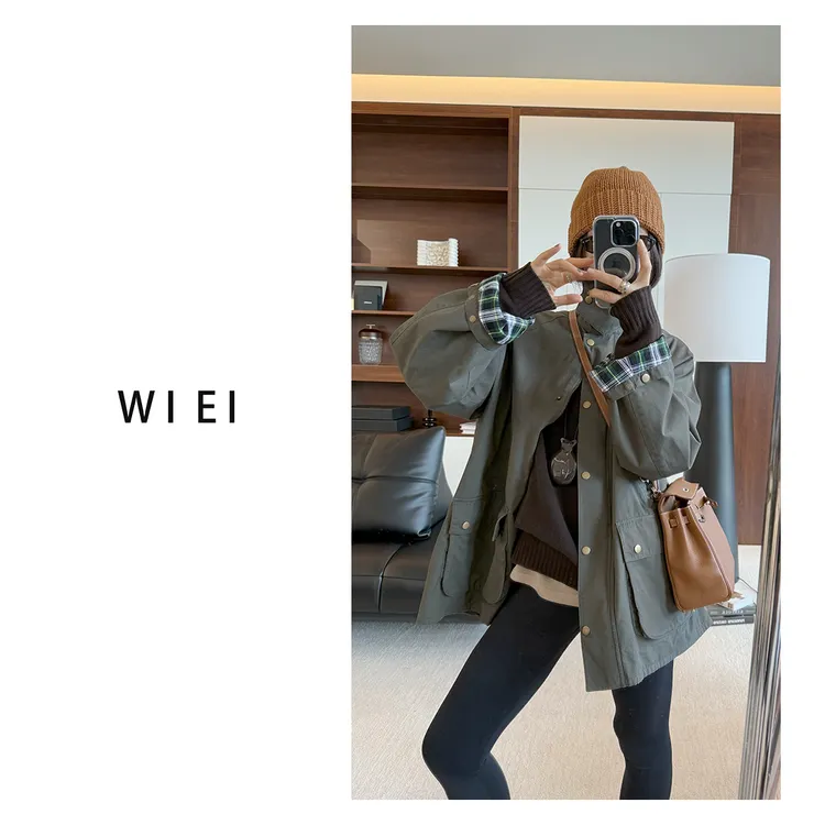 《WI EI》BAR巴恩风100棉*复古灯芯绒拼接撞色领风衣外套 W25306128