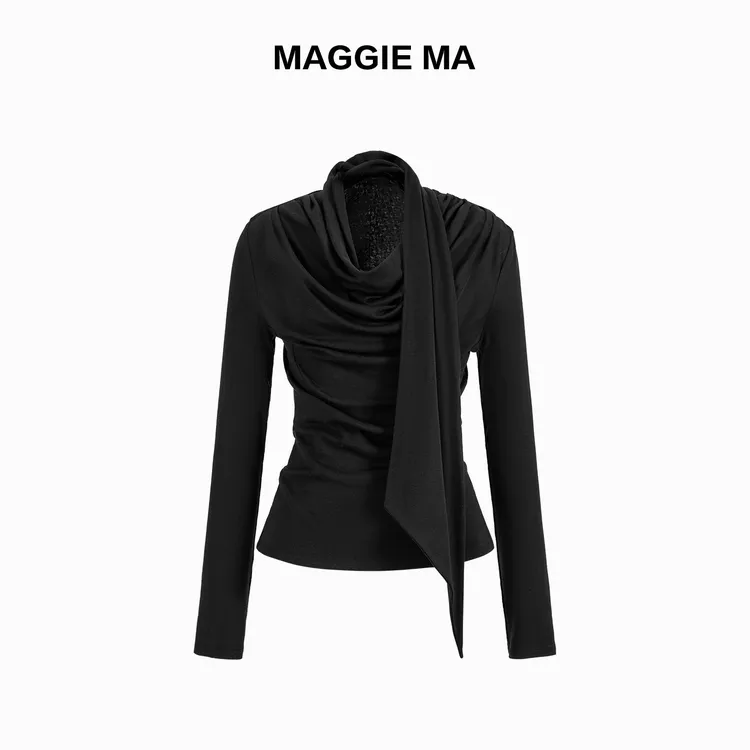 MAGGIE MA马婧设计师款黑色层次感压褶显瘦气质上衣666S/937S