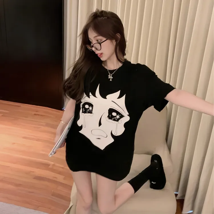 潮牌哭泣美少女宽松中长款短袖t恤女夏季黑色小众百搭卡通体恤ins