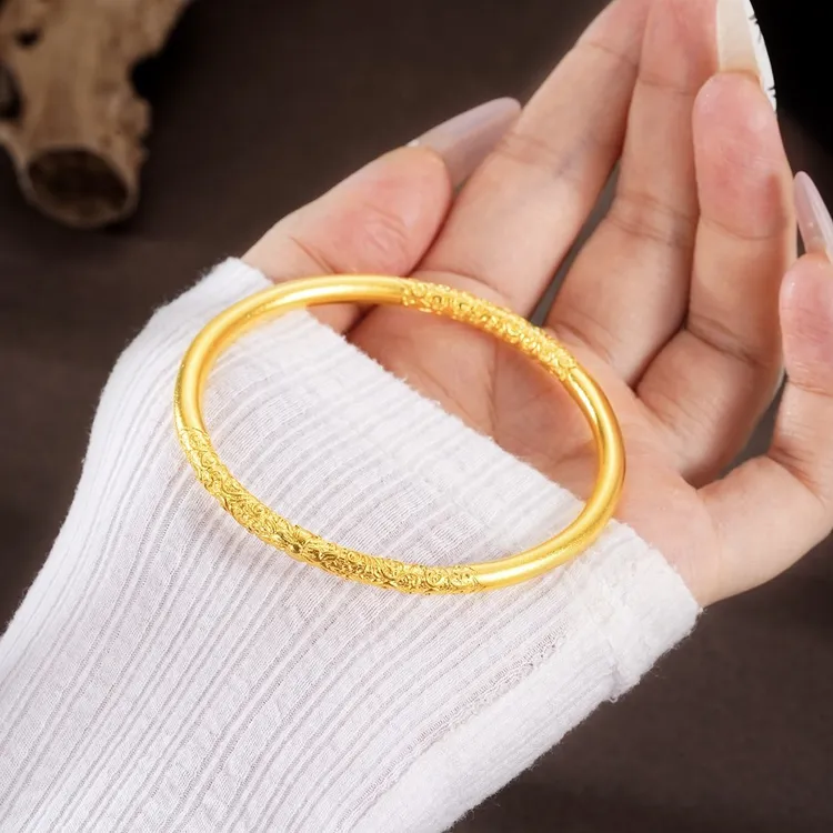 足银手镯 简约素款女款卷草纹新中式金色传承卷草纹镯子时尚实心