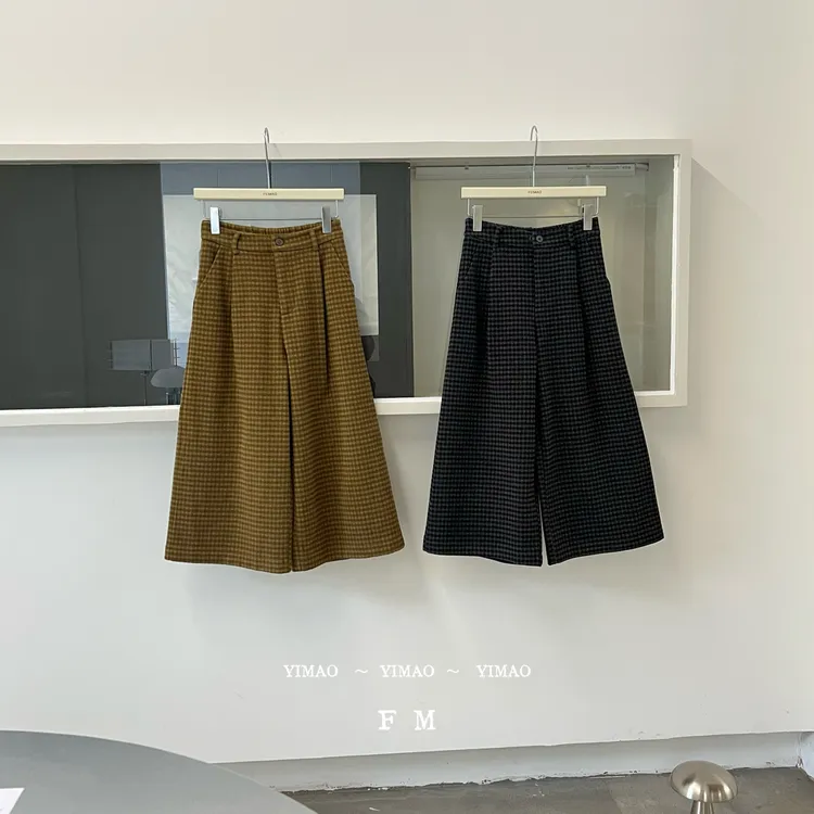 【赵小小yimao】9877 毛呢格子西装高腰垂感直筒八分阔腿裤小个子女