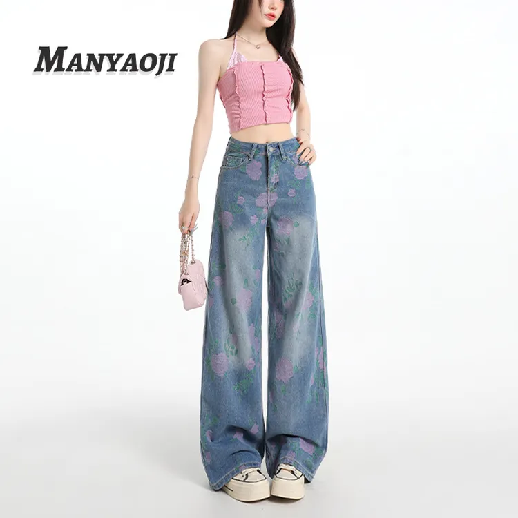 秋日减龄重工提花刺绣阔腿牛仔裤女2025秋季新款高腰宽松显瘦长裤