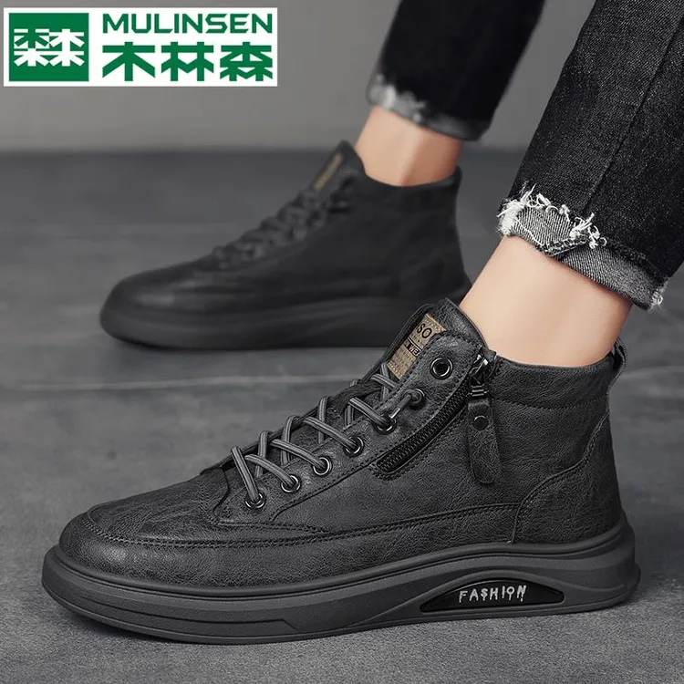 木林森高帮鞋男冬季休闲中帮皮鞋网红爆款运动马丁靴2024新款板鞋