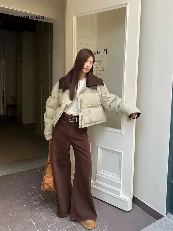90白鸭绒 2025新款PU皮相拼羽绒服女装外套014