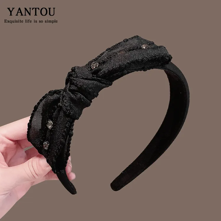 简约时尚闪钻蝴蝶结发箍百搭新款显脸小黑色日常通勤头箍发捆女