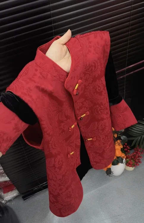 新中式国风盘扣马夹女春装2026新款圆领提花丝绒打底衫上衣两件套