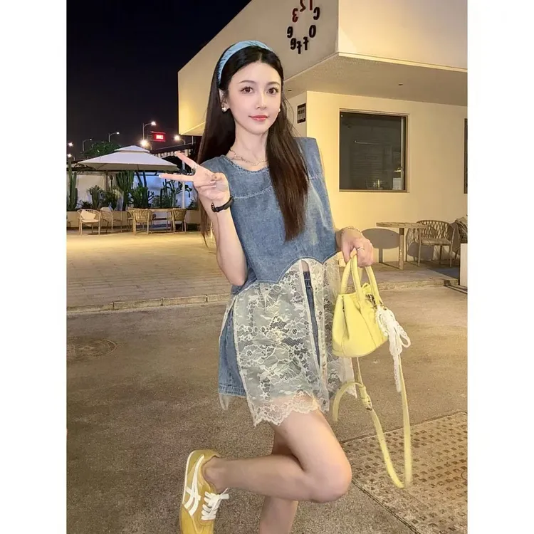 甜美蕾丝拼接牛仔短裤套装女夏2025新款小个子高级感两件套女926#