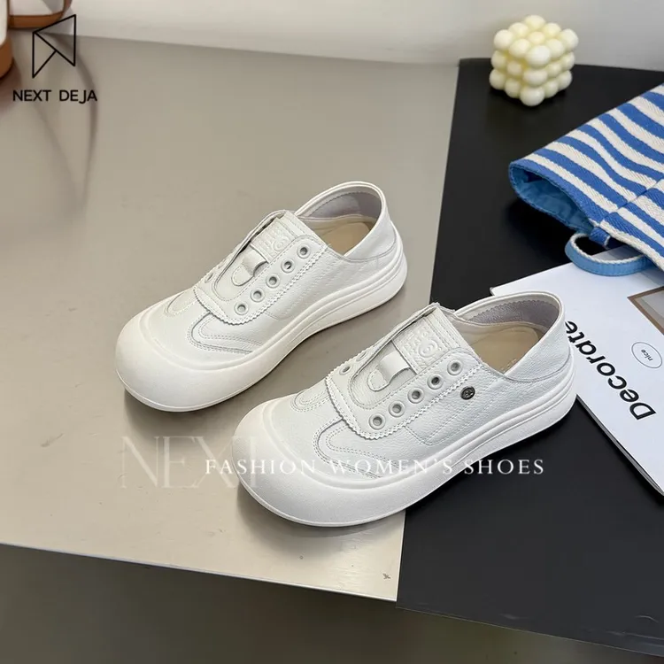 真皮透气厚底小白鞋女2025新款丑萌圆头一脚蹬踩脚两穿超软休闲鞋