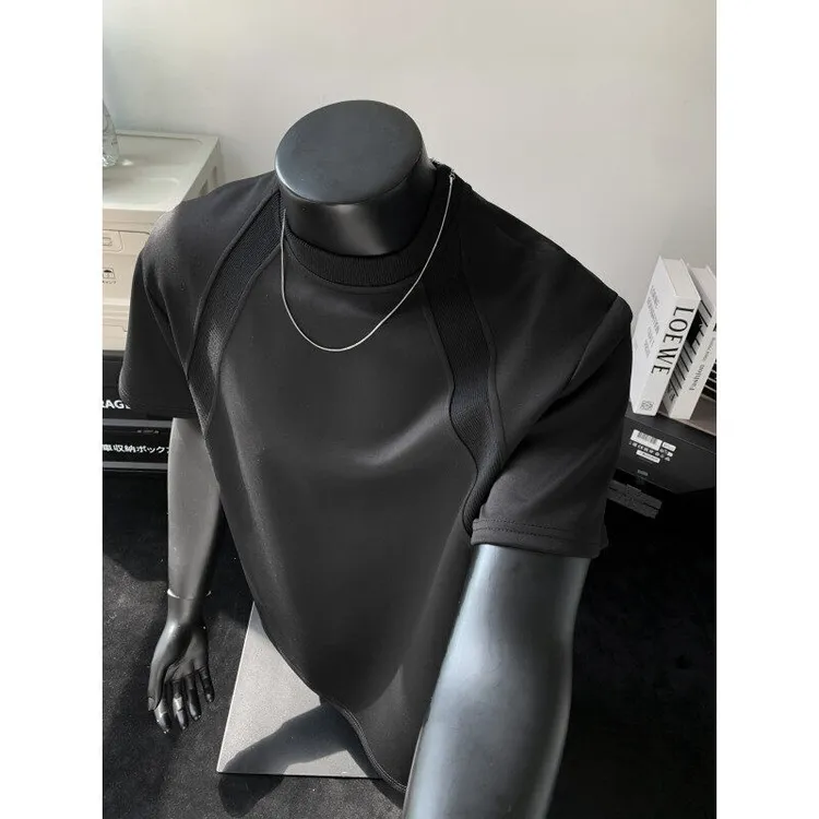 美式拼接boxy版型短袖正肩硬挺半袖浅灰色重磅太空棉t恤男款夏季