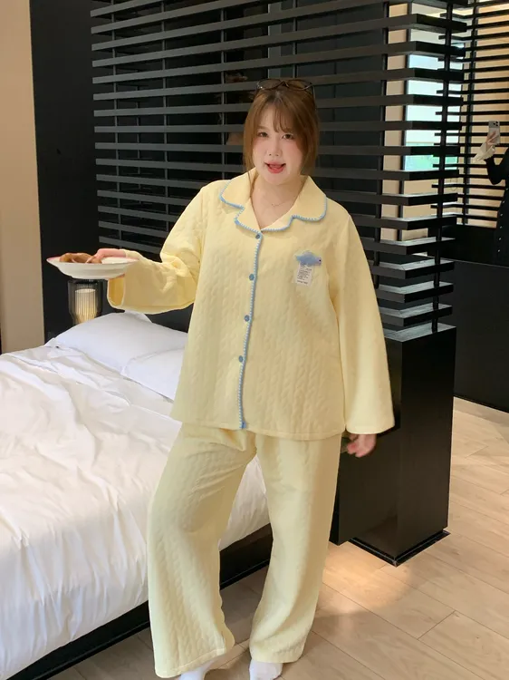 大码睡衣女冬季保暖空气夹层棉甜美贝壳边翻领加肥加大码家居服