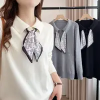 微胖MM秋季新款设计感Polo领蝴蝶结长袖针织衫女大码宽松百搭上衣