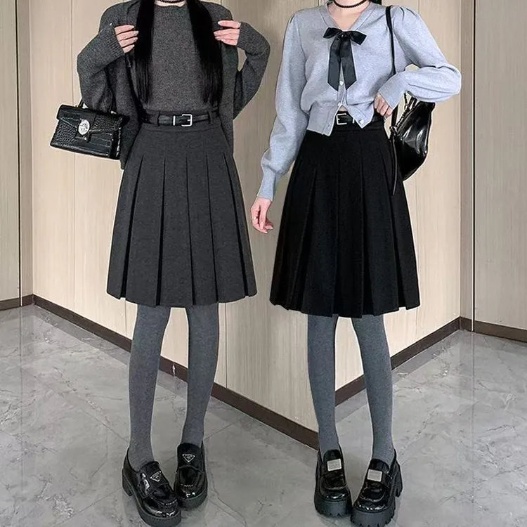 单面褶美式灰色毛呢百褶半身裙秋冬高腰中长款显瘦a字遮跨半身裙