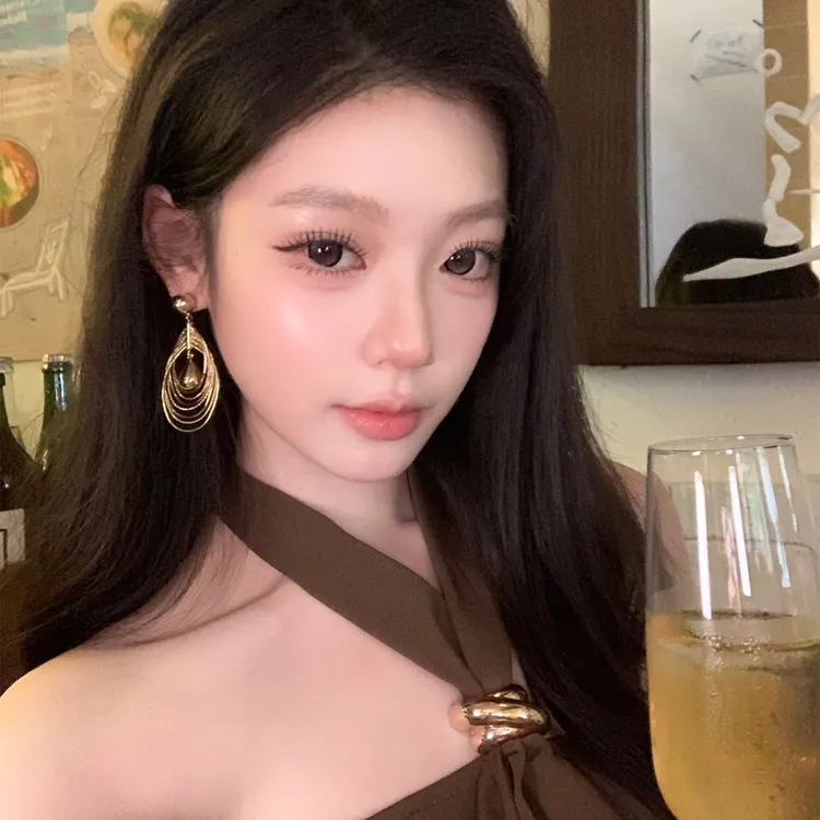 铜合金耳饰 法式高级感夸张耳钉金色多层水滴长款耳环女复古耳环