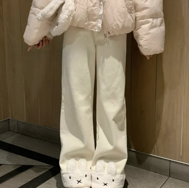 软妹可爱毛茸茸小兔子卷边拼接灯芯绒直筒裤可爱百搭长裤秋冬加绒