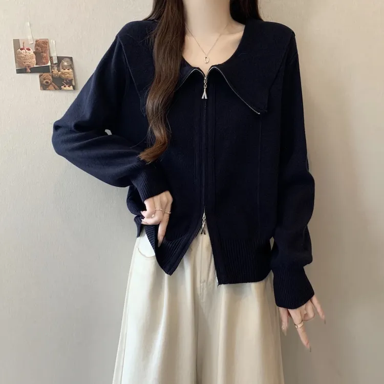 大码女装遮肚子藏青色拉链针织开衫女春秋胖妹妹宽松显瘦正肩毛衣
